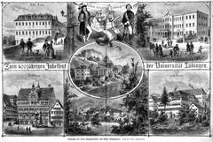 Woodcut print commemorating the 400th anniversary celebration of the University of Tübingen, detailed black and white artwork