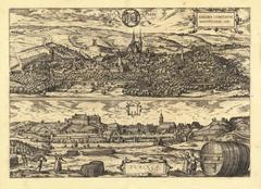 Copper engraving of Eisleben and Tübingen with landmarks including Hohentübingen Castle, Stiftskirche, and Neckar Bridge