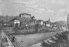 View of Tübingen from the southwest with Hirschauer Steg bridge lithograph circa 1850