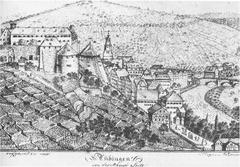 View of Tübingen from the west at Spitzberg showing vineyards, castle, city, Oesterberg hill, Neckar river with Eberhardsbrücke bridge and Neckarhalde