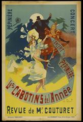 Vintage French lithographic poster for a music-hall revue titled 'Concert de la Pepiniere' featuring a woman holding a banner with silhouettes of men and women in the background