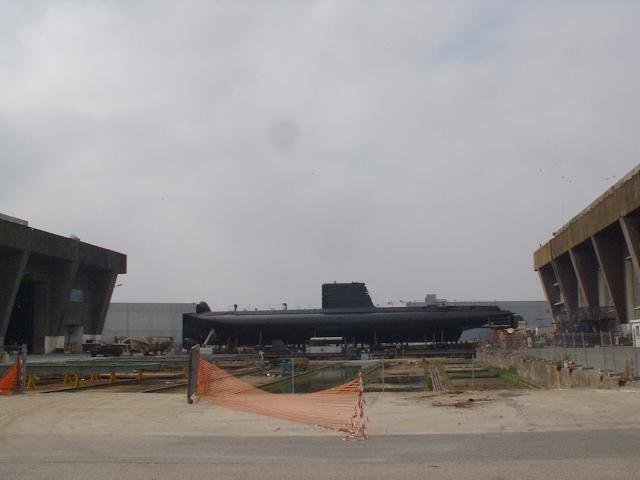 Daphné class submarine Flore resting on tracks at Keroman submarine base in Lorient, Brittany, France