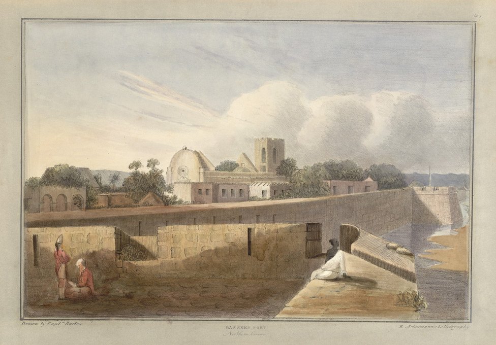Coloured lithograph of Bassein Fort view by Rudolph Ackermann after Captain James Barton, c.1820