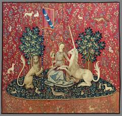 Sight tapestry from La Dame à la licorne set depicting a noble lady and unicorn, c. 1500. Musée de Cluny, Paris