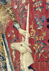 Medieval tapestry showing a lady and a unicorn, circa 1484-1500
