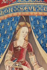 Medieval tapestry La Dame à la licorne depicting a woman with a unicorn in Musée de Cluny Paris