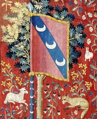 Tapestry La Dame à la Licorne at Musée de Cluny Paris showing Blason d'Antoine Le Visite