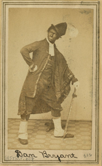 Portrait of Dan Bryant in blackface, dressed as a disheveled 18th-century gentleman, circa 1865