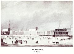 Winter scene of the Alster lake covered with snow and surrounded by buildings in Hamburg