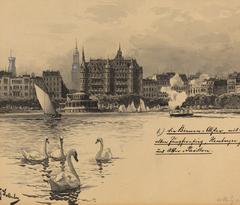 Painting of Binnenalster with Jungfernstieg in Hamburg, 1893