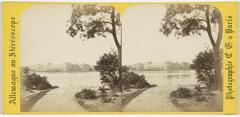 Panoramic vintage stereoscopic view of Hamburg city skyline along the Elbe river in 1868
