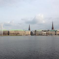 View of Ballindamm street in Hamburg with St. Jacobi Church in the background