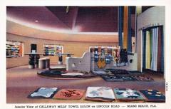 Colorful photomechanical print postcard of Miami Beach featuring Callaway Mills' Towel Salon