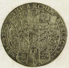 Back side of a 1628 coin depicting John George I, Elector of Saxony, and Saxonian coat of arms