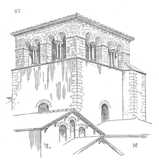 Bell tower of Ainay Abbey in Lyon, France on a clear day