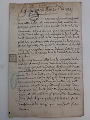 Historical document titled 'Église paroissiale d'Ainay, rapport (1)' from Archives du Rhône