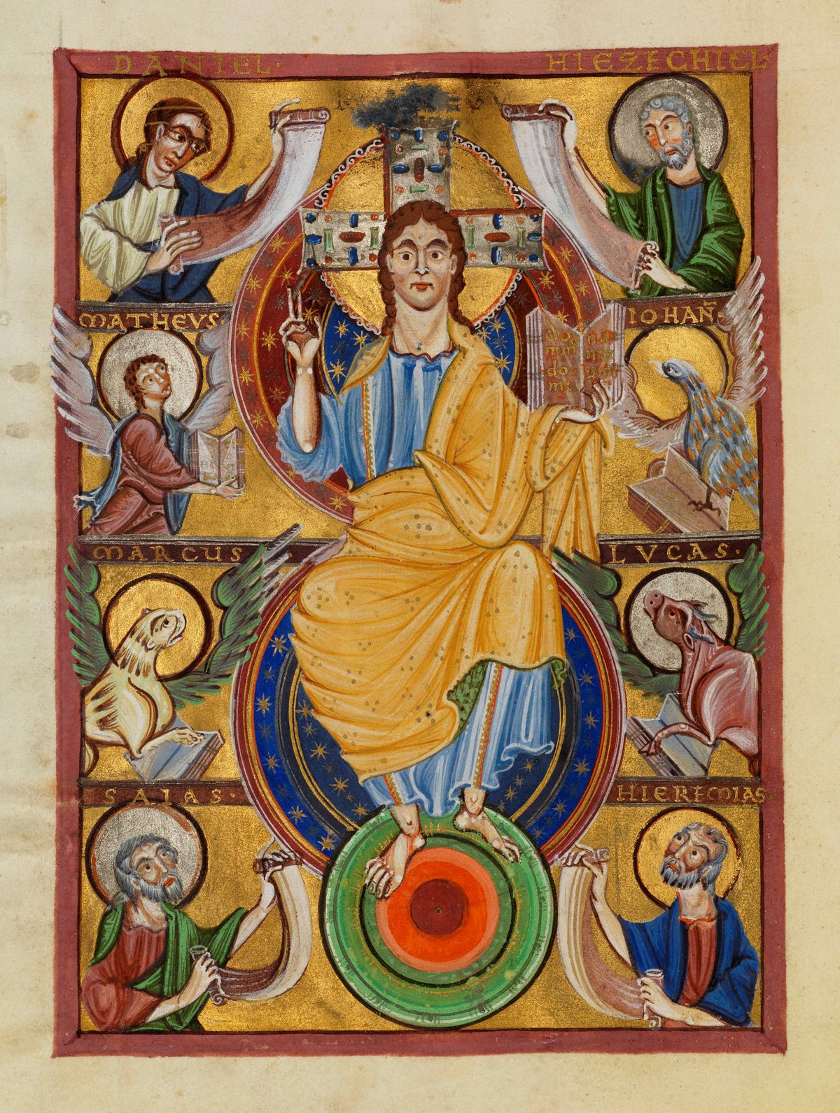 Medieval illuminated manuscript page depicting Maiestas Domini with Christ enthroned