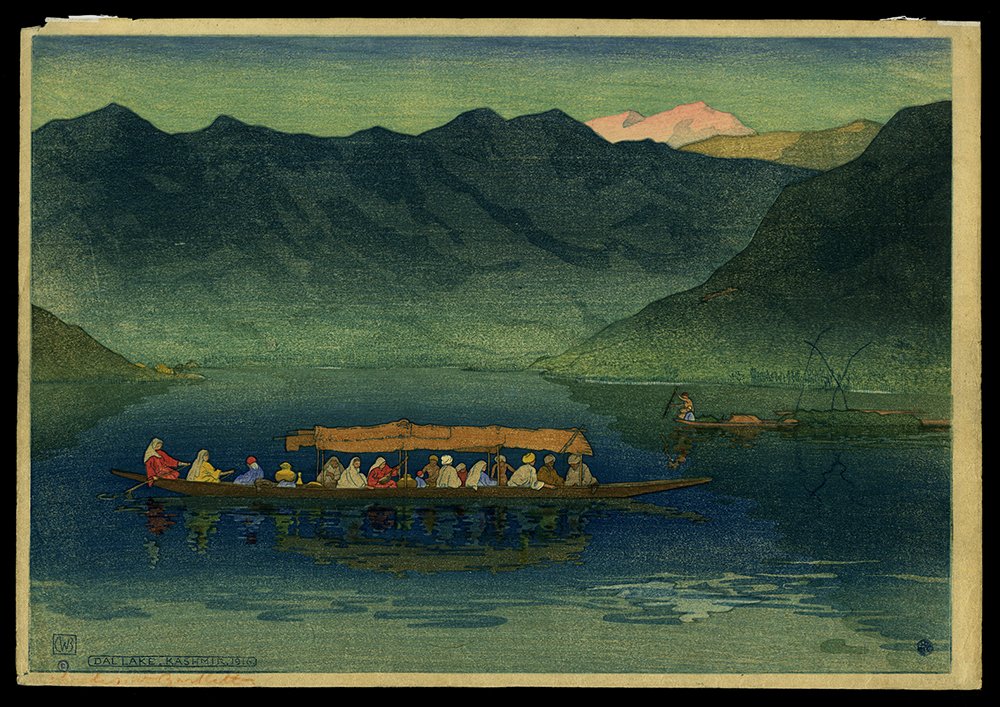 Woodblock print of Dal Lake in Kashmir by Charles W. Bartlett from 1916