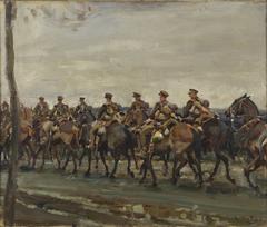 Lord Strathcona's Horse regiment soldiers marching with horses during a military campaign