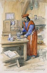 Louis Hébert the Apothecary sitting at a desk with medical books and instruments