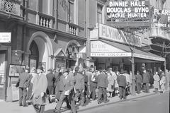 Actor Douglas Byng arriving at Lyric Theatre during wartime in London, 1943