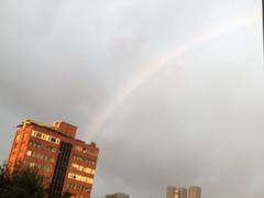 A vibrant rainbow appearing over the National Taiwan University campus on a cloudy day