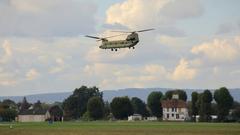 U.S. Army CH-47F Chinook helicopter preparing to land at Wiesbaden Army Airfield with 12th Combat Aviation Brigade leaders present
