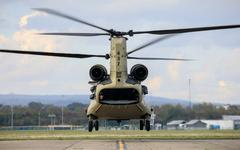U.S. Army CH-47F Chinook helicopter hovering before takeoff at Wiesbaden Army Airfield