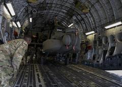Soldiers from 1st Battalion, 3rd Aviation Regiment loading AH-64D Longbow helicopters onto a C-17 transport aircraft at Wiesbaden Army Airfield in Germany