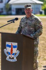 U.S. Army Lt. Col. Kenneth H. Donnolly speaking at 102d Signal Battalion change of command ceremony in Wiesbaden, Germany, June 2022