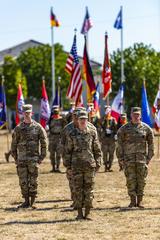 U.S. Soldiers from the 102d Signal Battalion standing at attention during change of command ceremony at Clay Kaserne Wiesbaden Germany June 19 2022