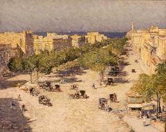 Impressionist cityscape painting of Paseo del Prado with carriages and busy street