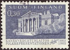 1963 Finnish commemorative postage stamp celebrating 100 years of Finnish parliament establishment with House of the Estates building in Helsinki in dark violet blue