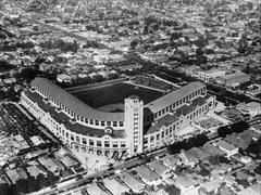 Aerial view of Wrigley Field baseball stadium in Los Angeles on its opening day in 1925