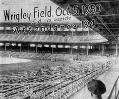 Wrigley Field in Los Angeles with mostly empty seats during a 1950 baseball game with 194 attendees