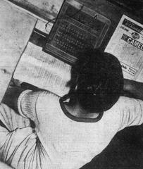 Willie Knuchell keeping score of out-of-town baseball games at Wrigley Field scoreboard in Los Angeles in 1942