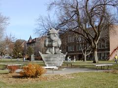 Ole the Sioux mascot of Augustana College standing outdoors with administration building, East hall, and Old Main in background in Sioux Falls, South Dakota