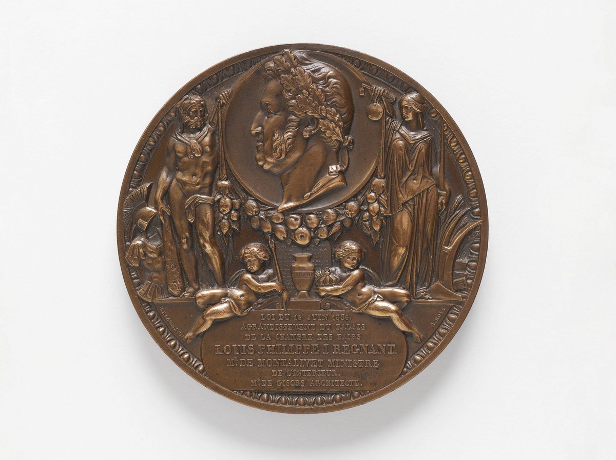 1836 commemorative medal depicting the enlargement of the Luxembourg Palace, featuring the laureate head of King Louis-Philippe I and symbolic figures including Hercules and Ceres, with detailed inscriptions and artistic reliefs