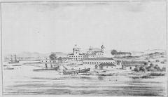 View of a part of Asunción city taken aboard a monitor ship by 2nd Lieutenant José Carlos de Carvalho, showing historic buildings and waterfront including Palácio do P. Lopéz, Igreja de S. Francisco, Alfandega, Arsenal, Theatro, fortifications, and ships under construction or repair.