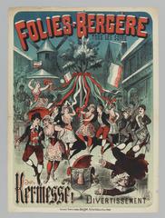 Vintage lithographic poster advertising Folies-Bergere music hall in Paris, featuring dancers, skaters, and a festive Germanic or Austrian themed fair