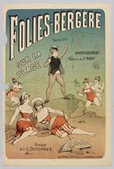 Vintage Folies-Bergere poster from early 1883 featuring bathing women and performers on the beach