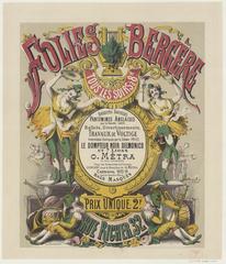 Vintage 1874 Folies-Bergère poster depicting new operettas, English pantomimes by Lauri family, ballet performances, clown Price, and the black lion tamer Delmonico with seven lions.