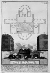 Engraving of ancient Roman architectural ruins with statues and columns