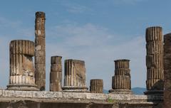 Various ancient columns of the temple of Jupiter in Pompeii, Italy