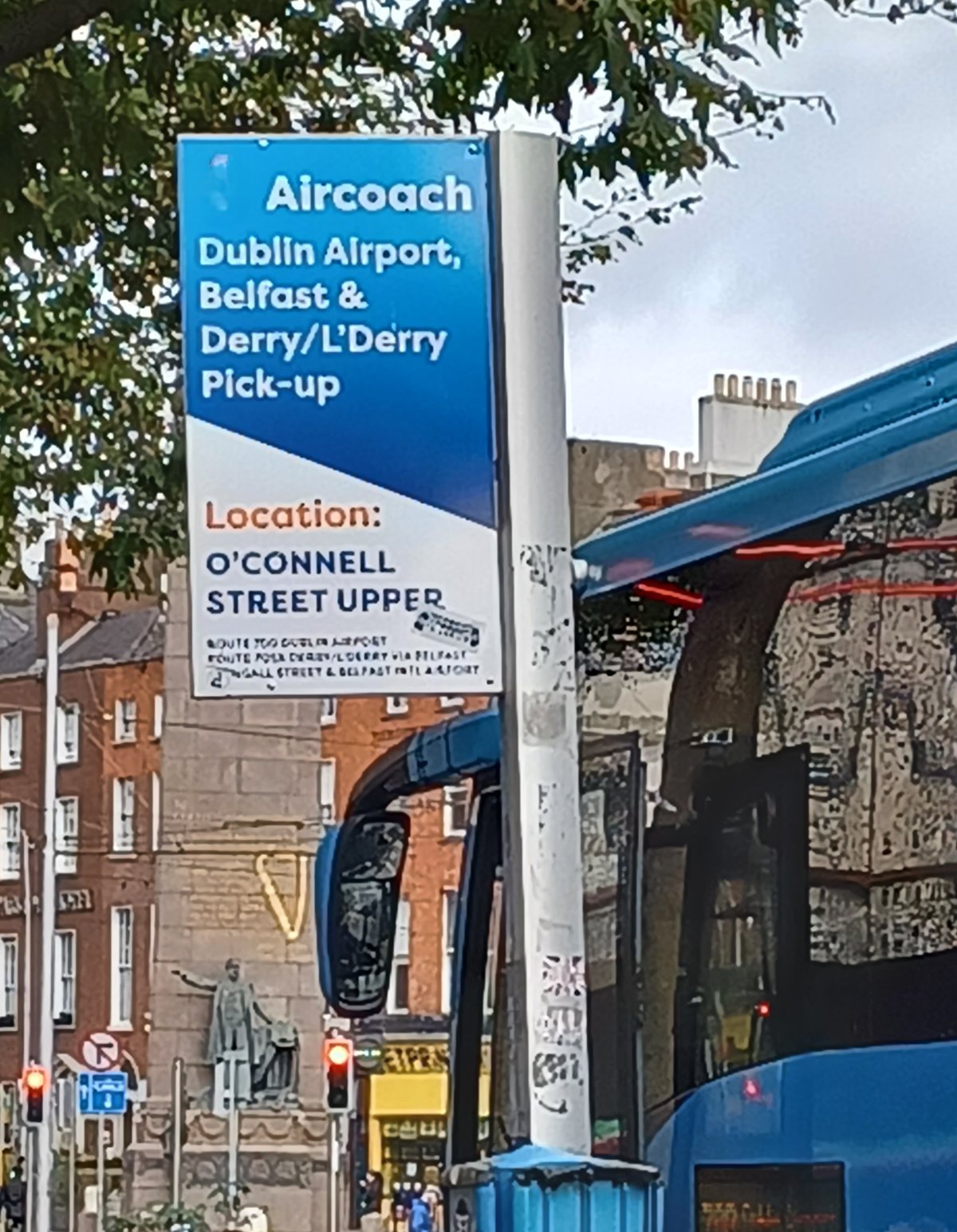 Bus stop on O'Connell Street, Dublin, for coach services to Dublin Airport, Belfast, and Derry/L'Derry