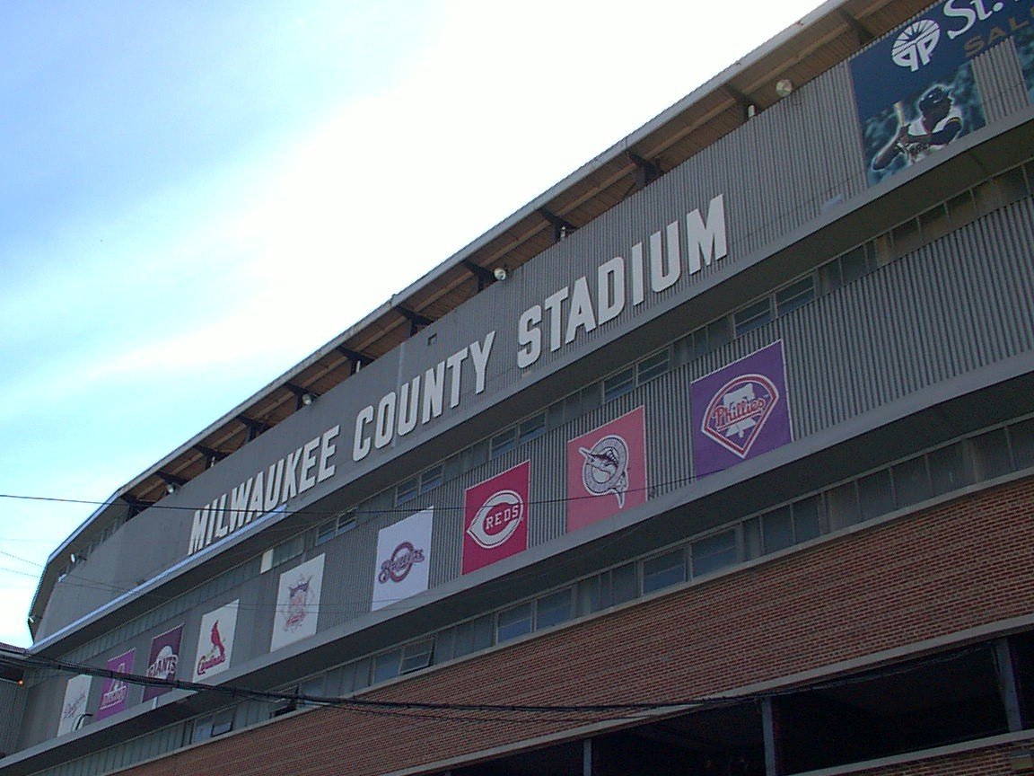 Milwaukee County Stadium marquee sign with logos of eight National League teams and countdown clock to new stadium