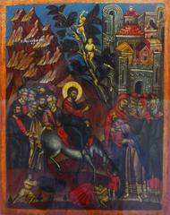 Religious artwork depicting the Entry into Jerusalem with Jesus and followers