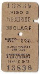Historical railway ticket from Vigo to Figueirido