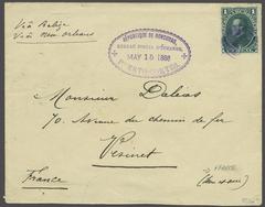 1886 cover with 1878 Morazan issue 1 r. green stamp, cancelled in violet at Puerto Cortes and sent to Paris