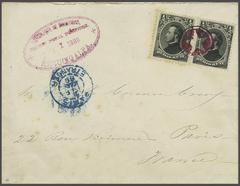 Honduras 1878 Morazan issue half real black horizontal pair on cover to Paris with red star cancel and Tegucigalpa datestamp